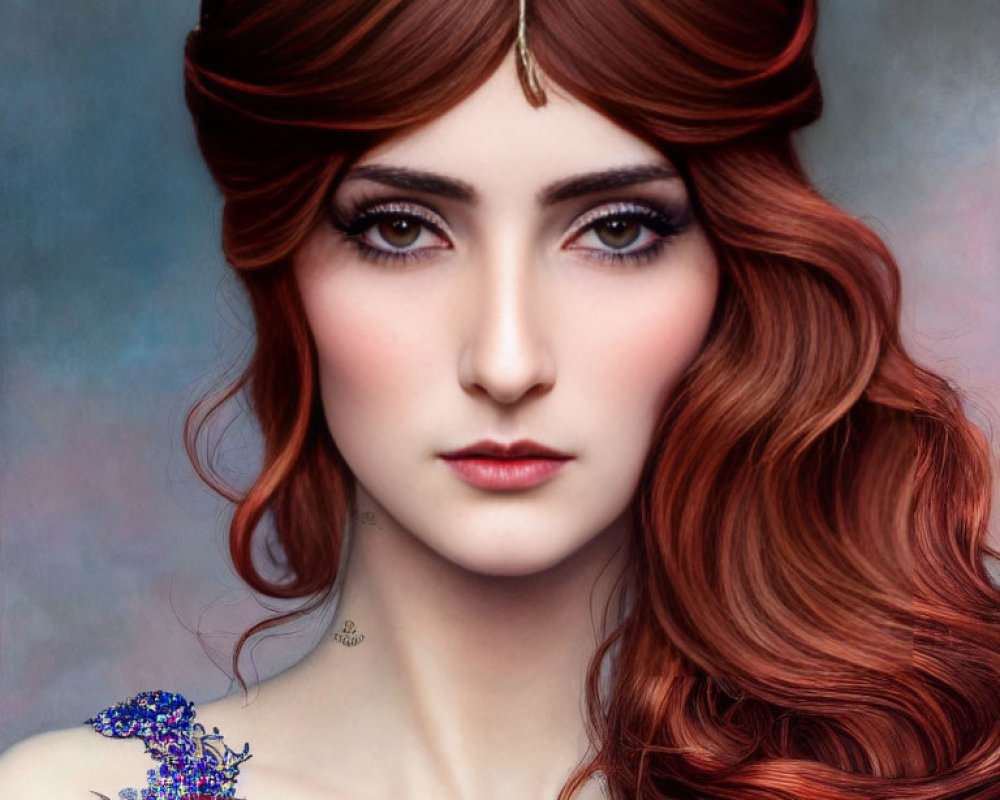 Portrait of woman with wavy red hair, fair skin, intense eyes, and floral tattoo.