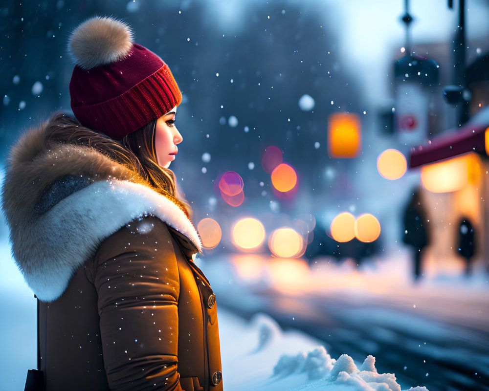 Woman in winter coat and red beanie standing in snowy dusk scene with glowing streetlights.