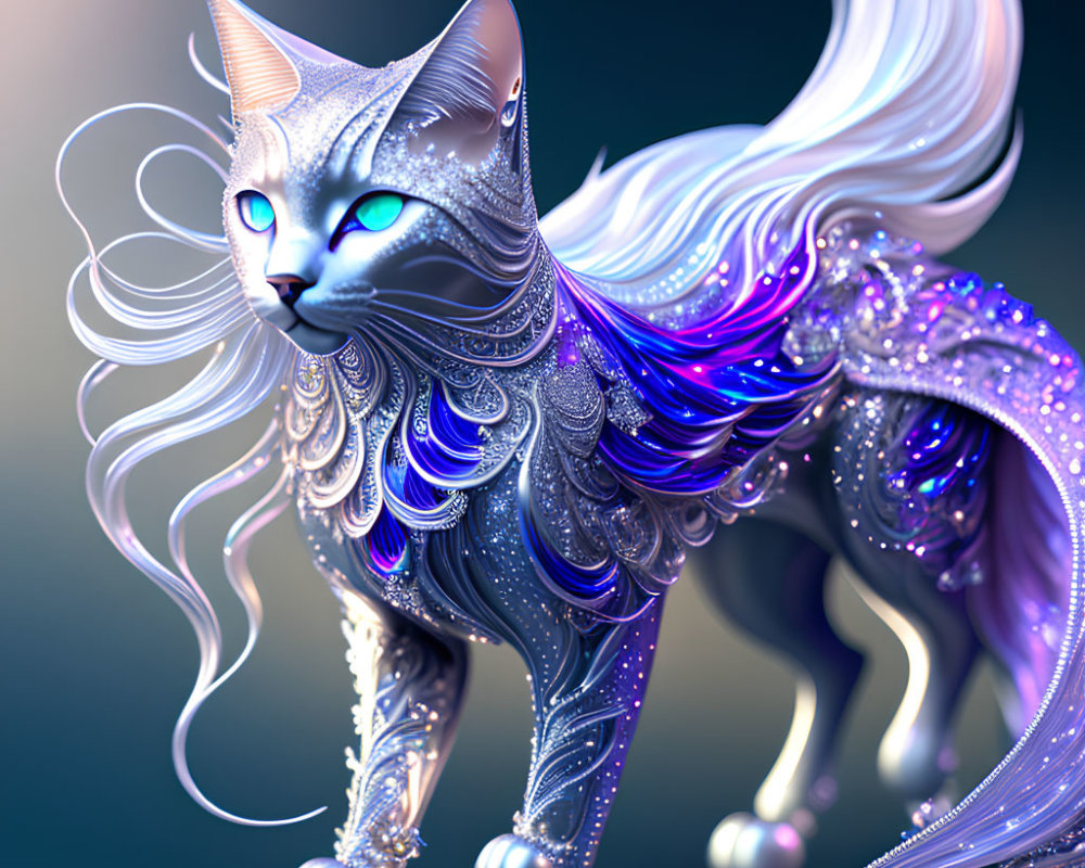 Fantastical metallic cat with intricate patterns and bright blue eyes