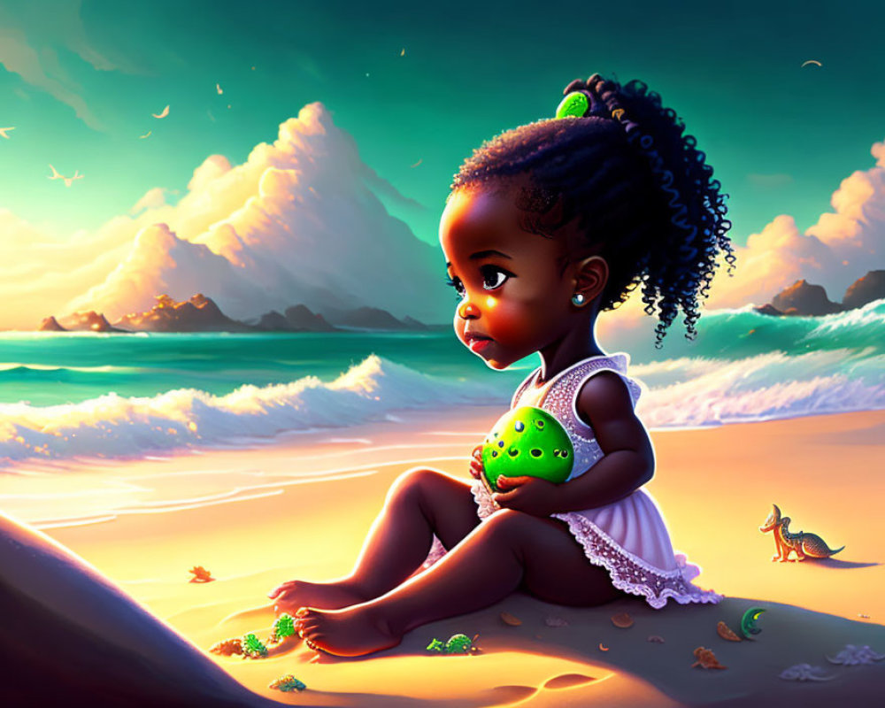 Animated girl with turtle toy on beach at sunset with real turtle nearby