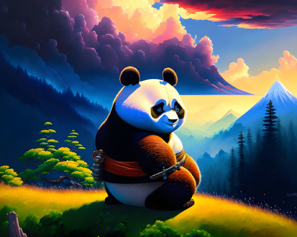 Panda warrior with sword in serene landscape artwork
