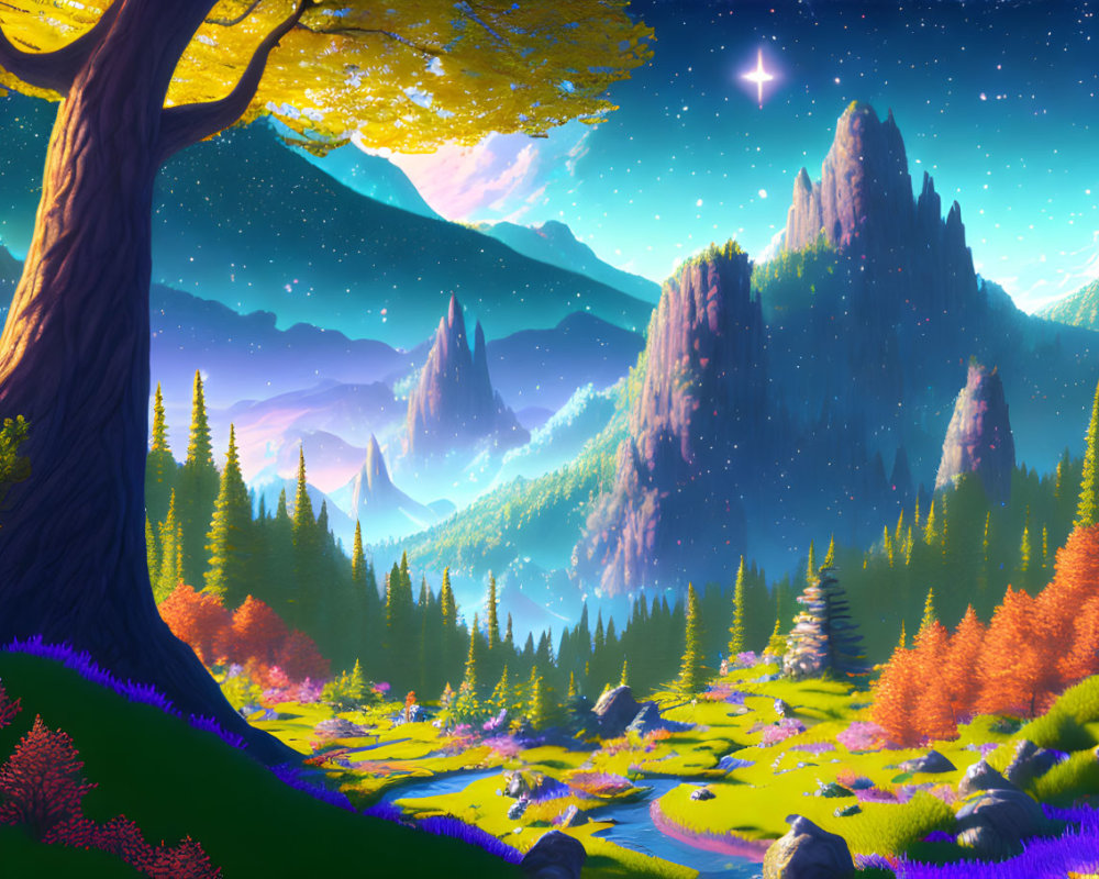 Colorful Trees, River, Mountains: Serene Twilight Landscape with Starry Sky