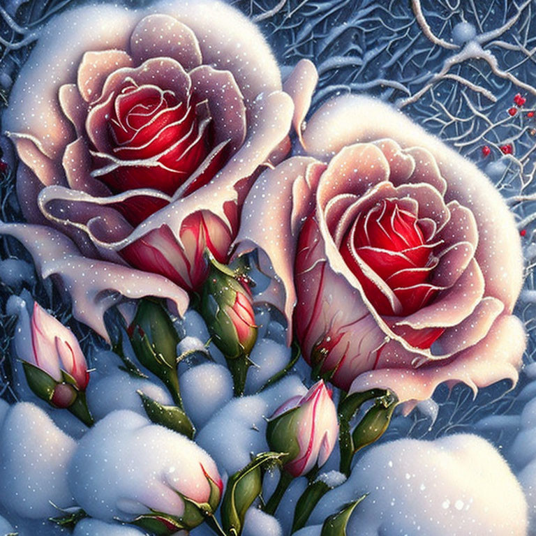 Snow-covered red roses with pink edges on wintry lattice backdrop