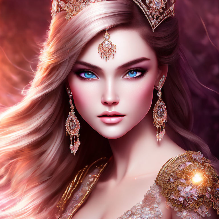 Fantasy queen digital portrait with blue eyes and jeweled accessories
