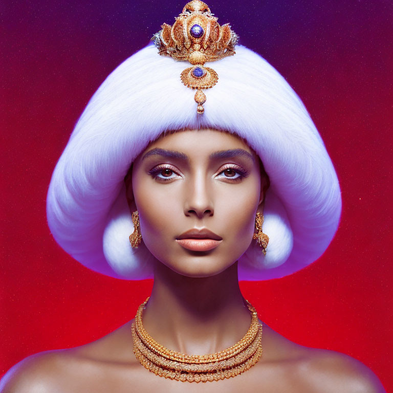 Woman in Striking Makeup with White Fur Hat and Jewelry on Purple Background