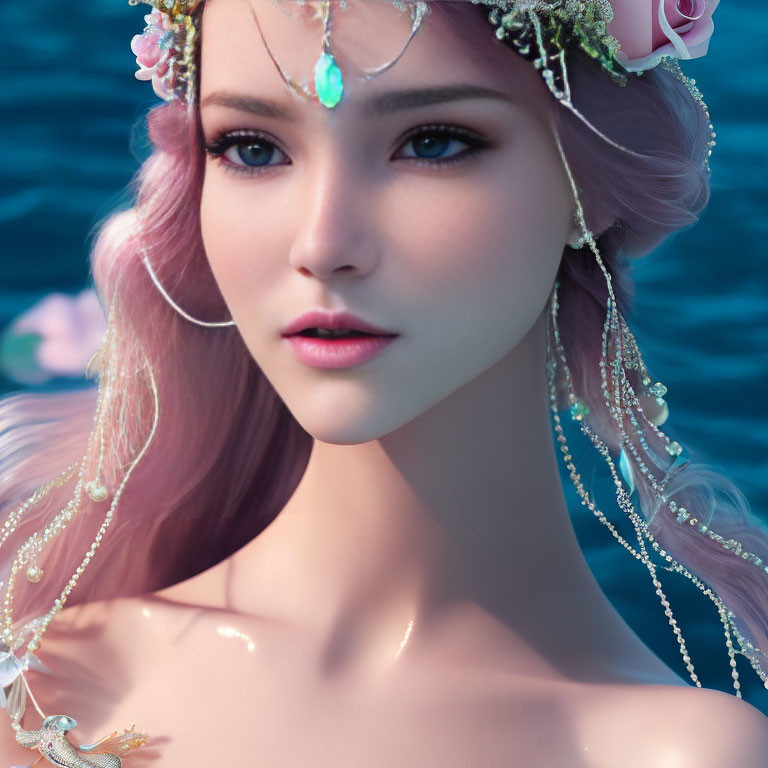 Detailed 3D-rendered female with pink hair and floral headpiece on blue water background