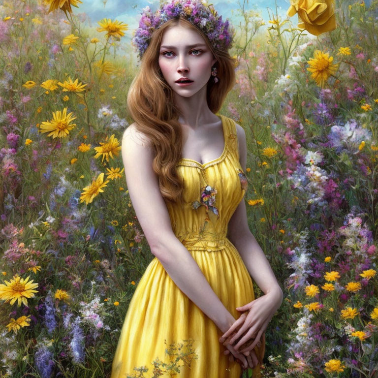 Woman in Yellow Dress with Floral Crown Surrounded by Wildflowers