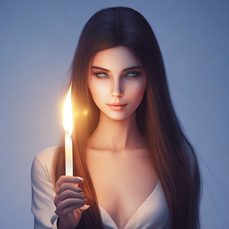 Woman with Long Dark Hair Holding Lit Candle in Dark Background