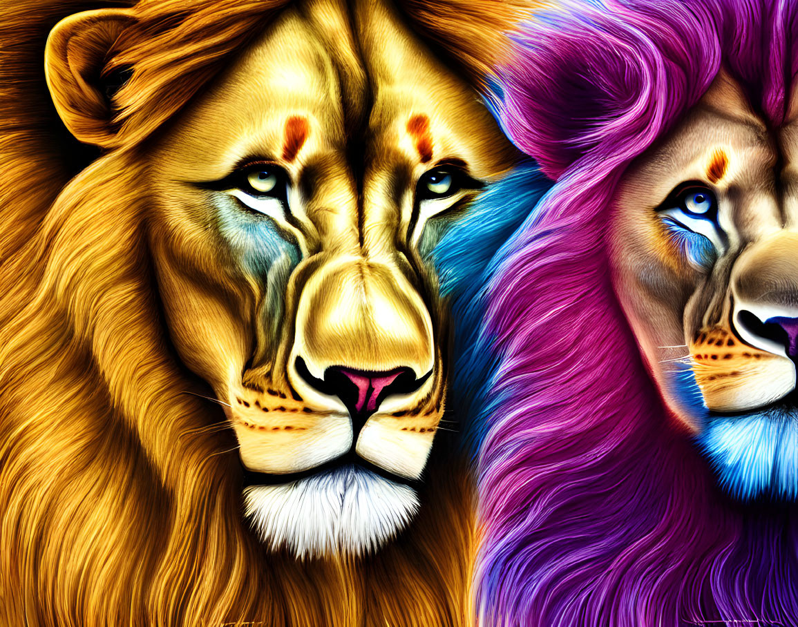 Colorful Digital Artwork Featuring Two Lions with Vibrant Manes