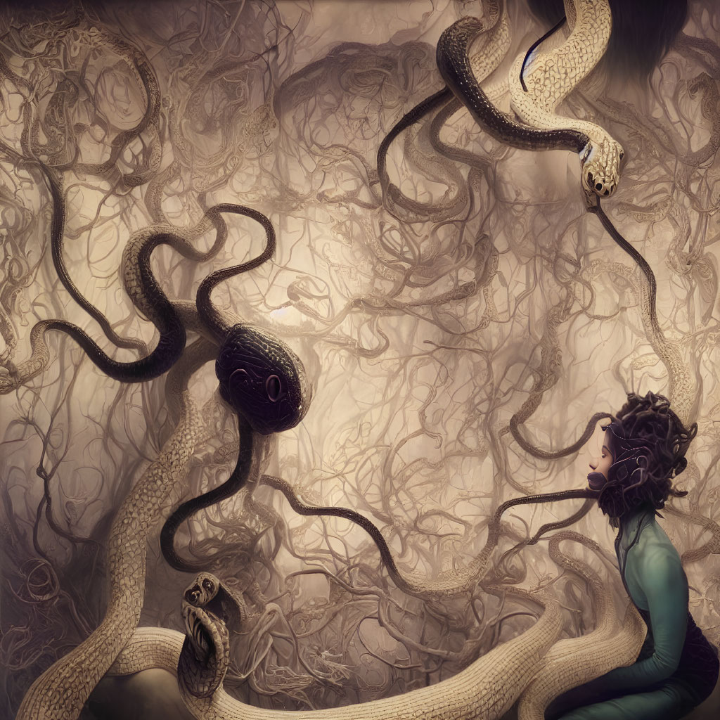 Person in Surreal Woodland Scene with Serpents