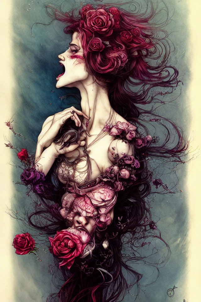 Detailed illustration of a woman with red roses, tattoos, and vibrant flowers in her hair