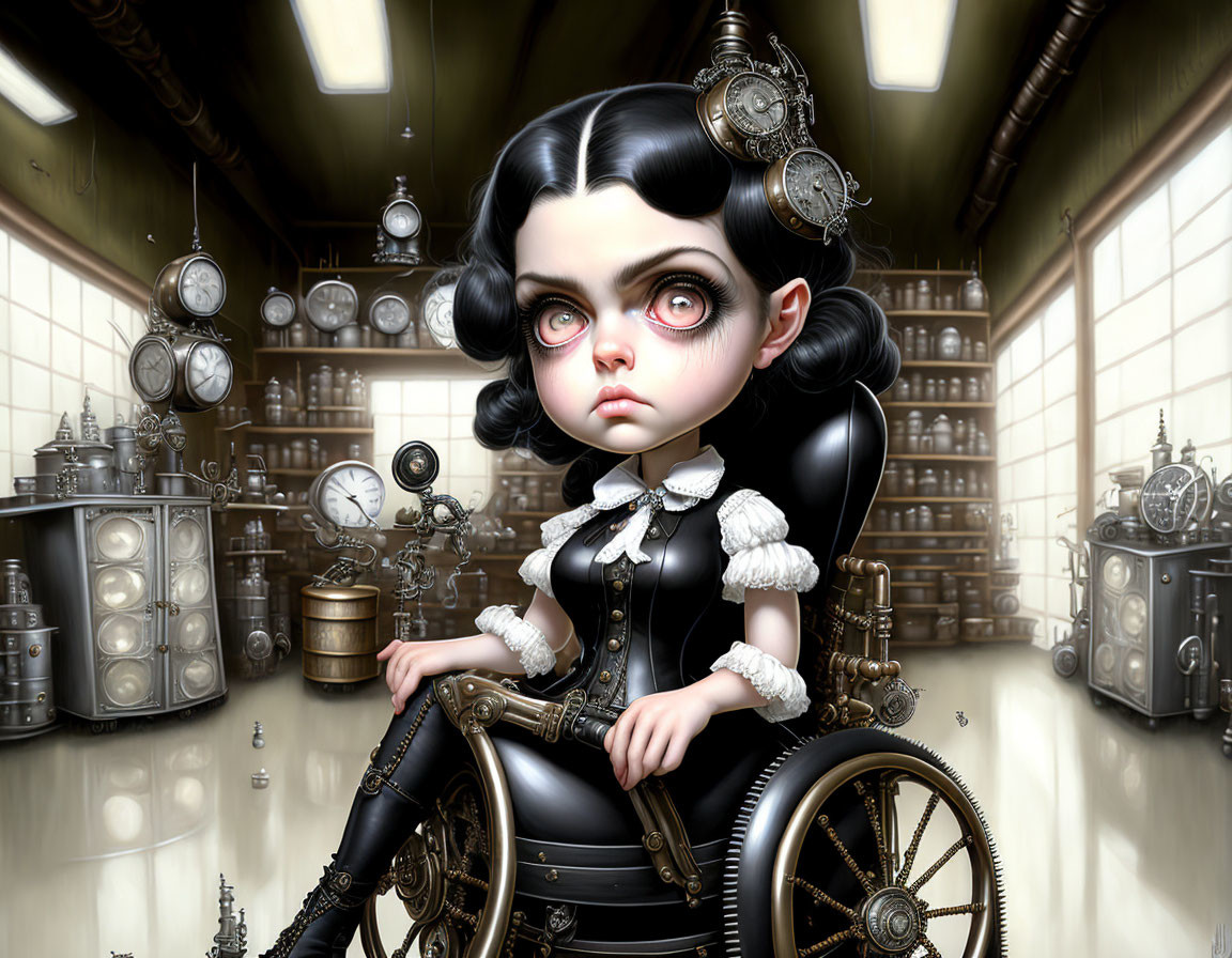 Victorian girl with large eyes in steampunk setting surrounded by clocks