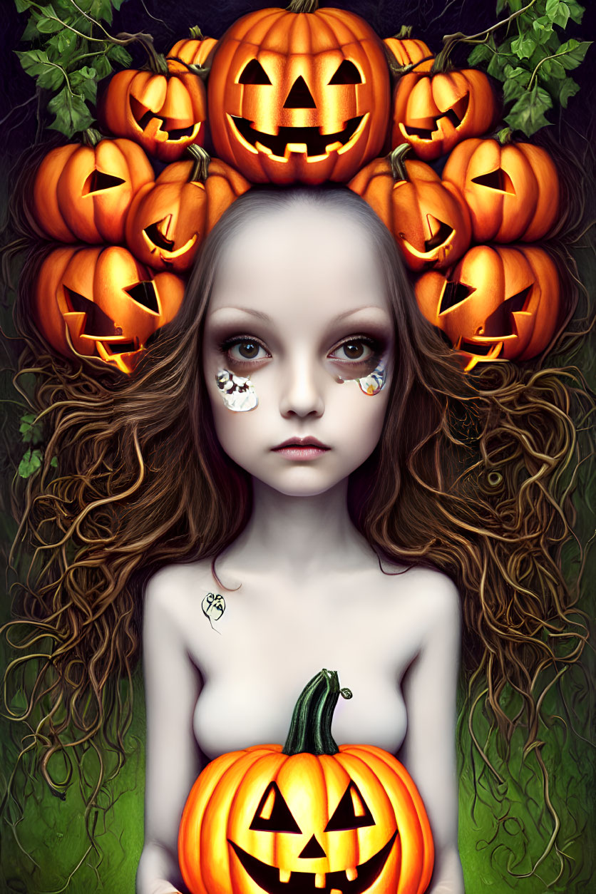 Pale-skinned girl with large eyes and wavy hair surrounded by carved pumpkins.