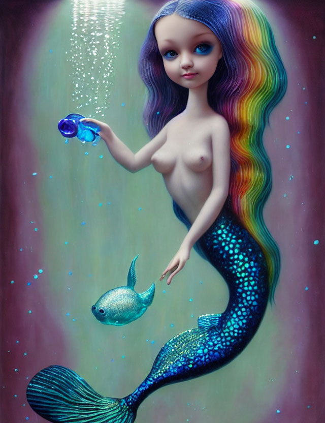 Vibrant mermaid with rainbow hair and blue tail holding a bottle, next to fish underwater
