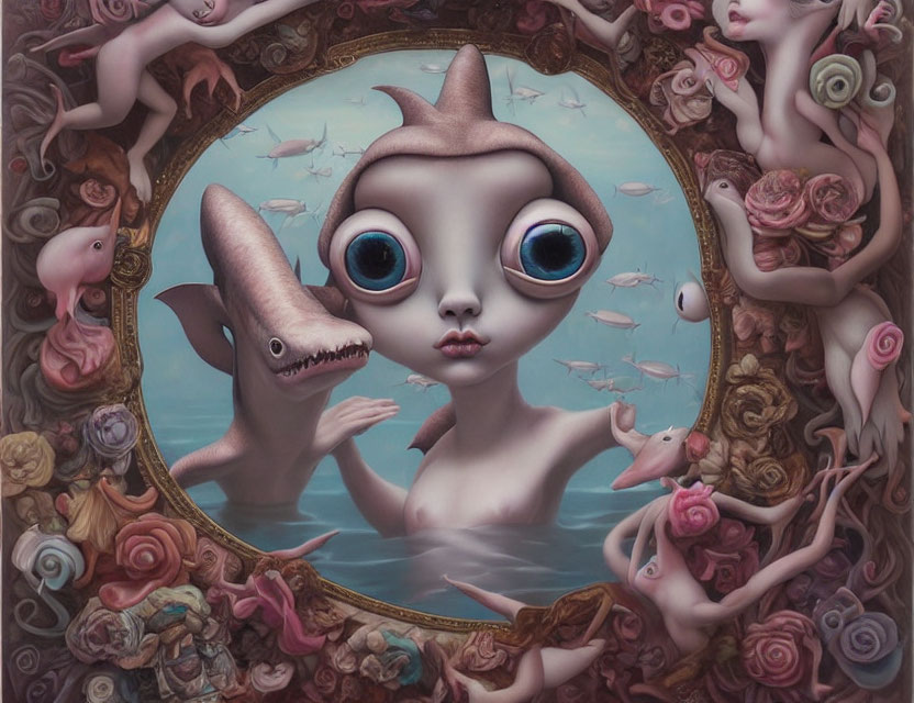 Surreal wide-eyed character with shark and odd creatures in underwater scene
