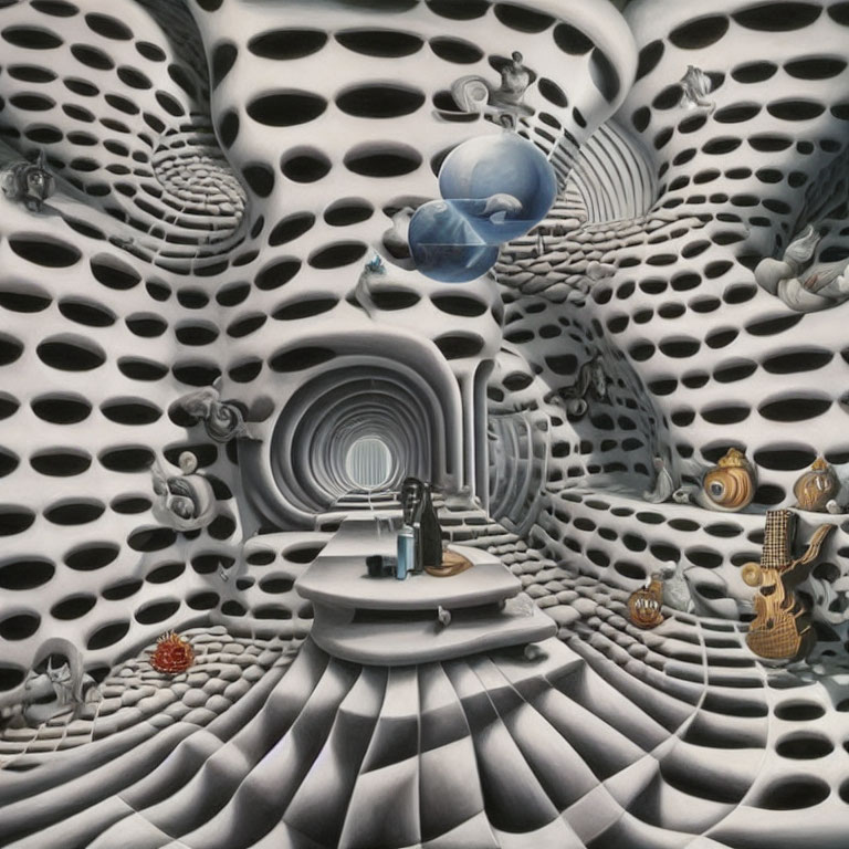Surrealistic room with optical illusion patterns and floating spheres
