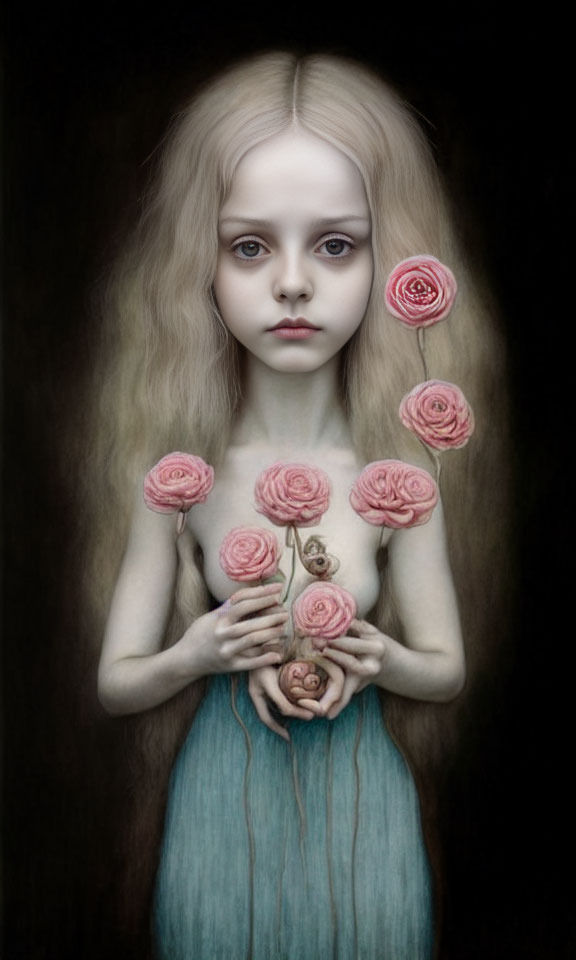 Pale girl with roses growing from her body on dark background