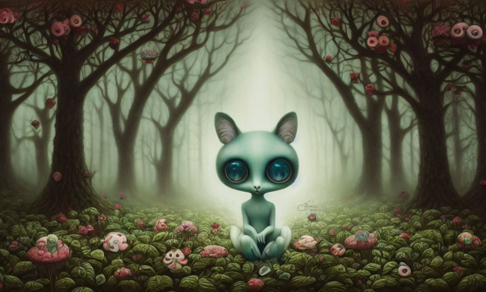 Large-eyed creature in mystical forest with pink-eyed trees and flowers
