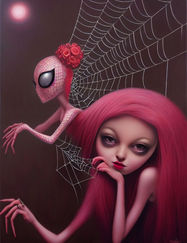 Surreal creature with spider body and human-like head in pink hair on web background