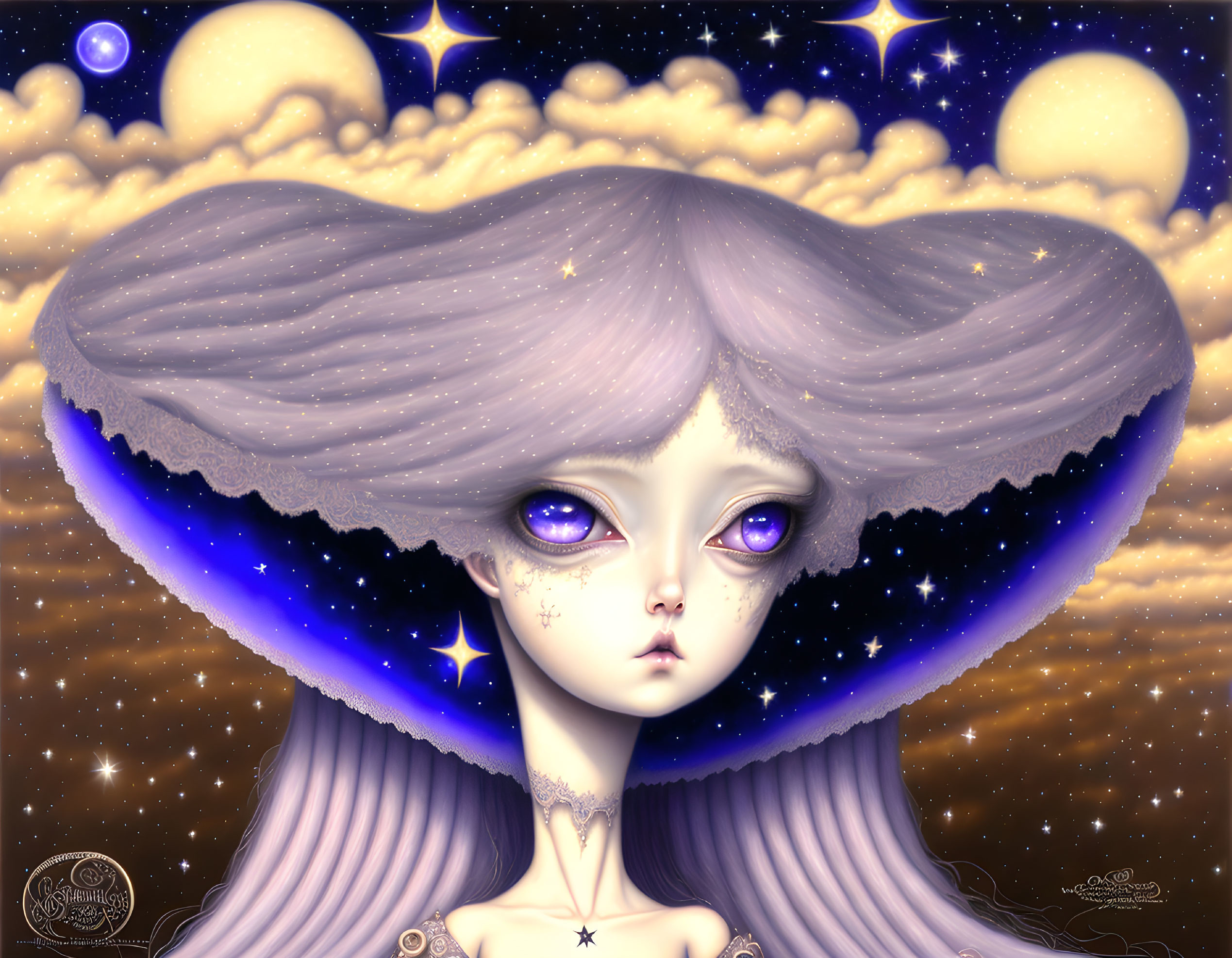 Character with Large Purple Eyes and Mushroom Cap in Starry Night Sky