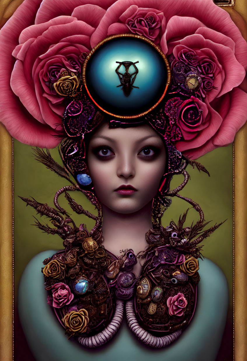 Surreal portrait of female figure with dark eyes, rose headpiece, metallic shoulder details