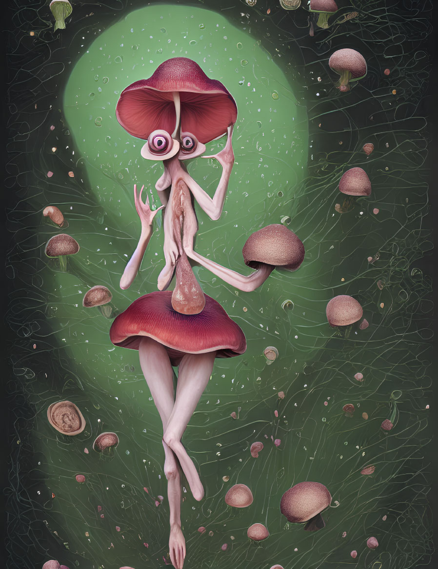 Surreal humanoid figure with mushroom features in green backdrop