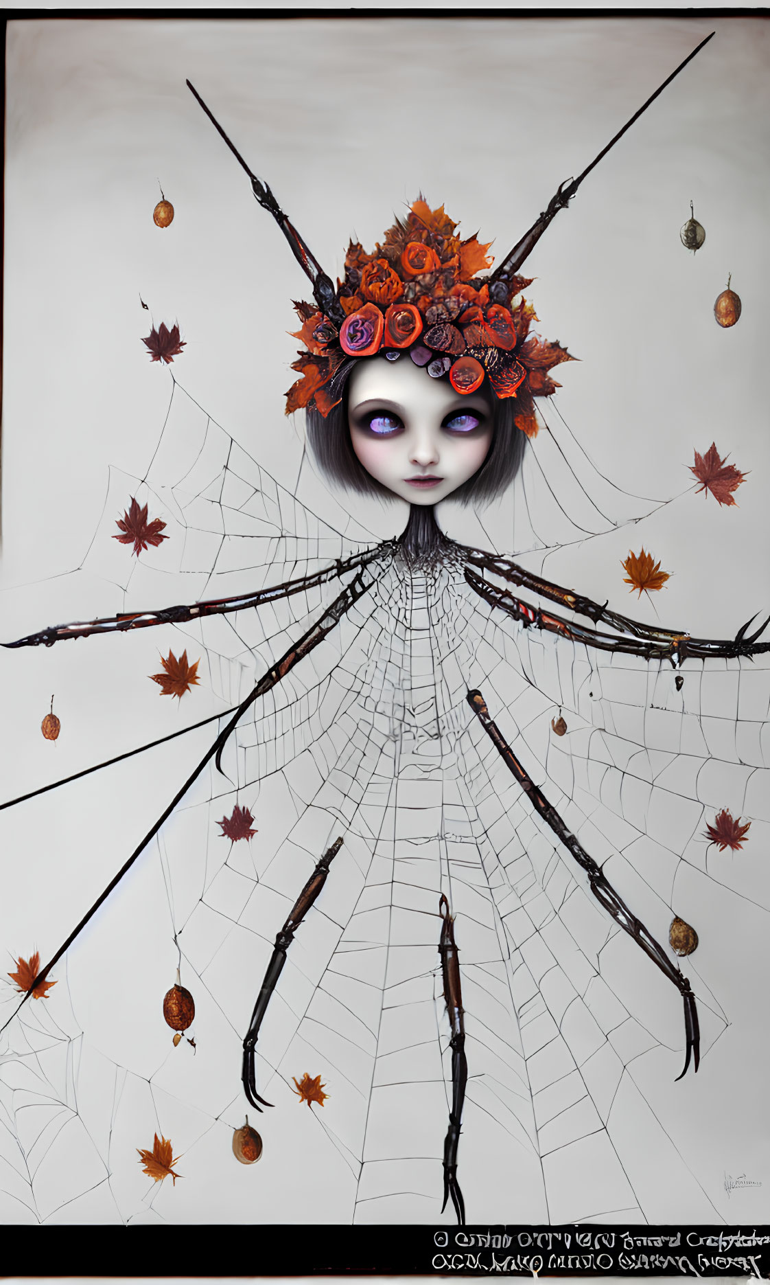 Fantastical painting featuring figure with purple eyes and autumn crown