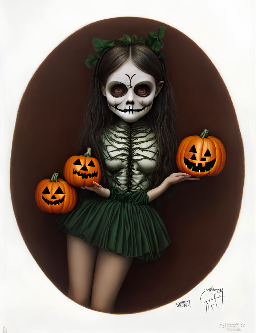 Gothic-style illustration of girl with skull face paint and jack-o'-lanterns in green