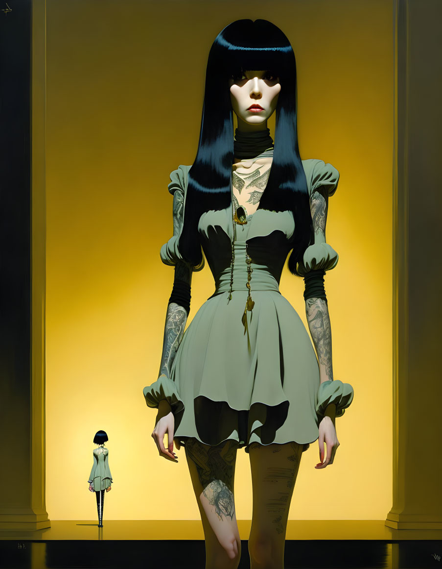 Surreal artwork: Female figure in green dress with black hair on golden background