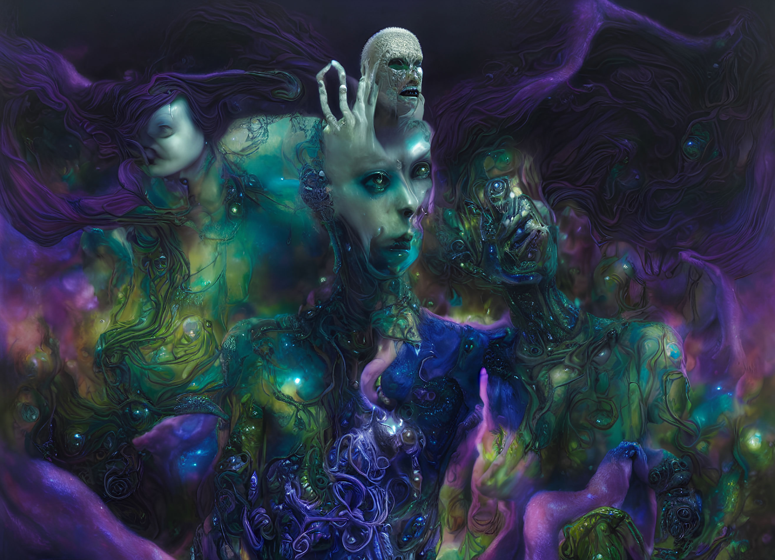 Surreal humanoid figures in colorful purple and green nebula