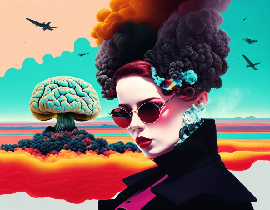 Surreal portrait of woman with brain-shaped mushroom cloud hair against vibrant sky.