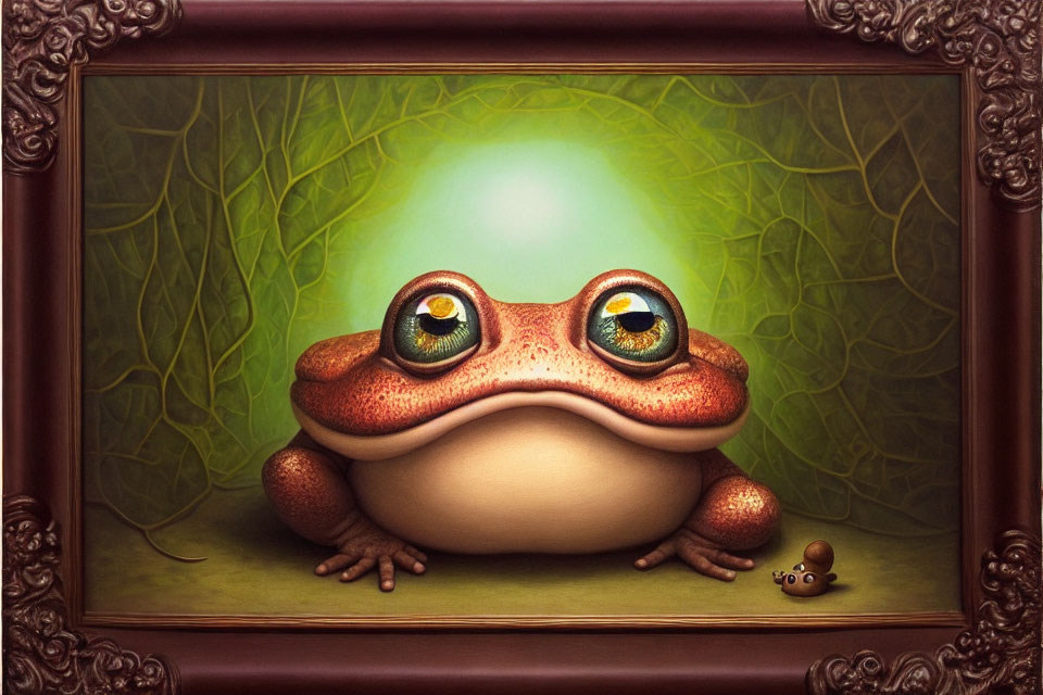 Whimsical illustration of large-eyed frog in ornate frame
