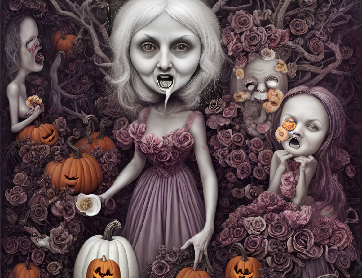 Surreal Gothic Image with Caricatured Figures and Pumpkins