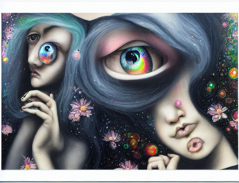 Surreal artwork of woman with oversized, multicolored eyes and floating orbs among flowers