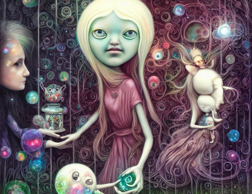 Fantasy illustration of green-skinned girl, winged creature, cat with jar & vibrant bubbles