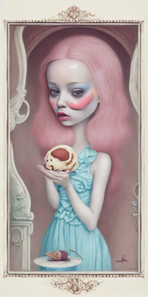 Surreal portrait of pale girl with pink hair and blue eyes holding pastry