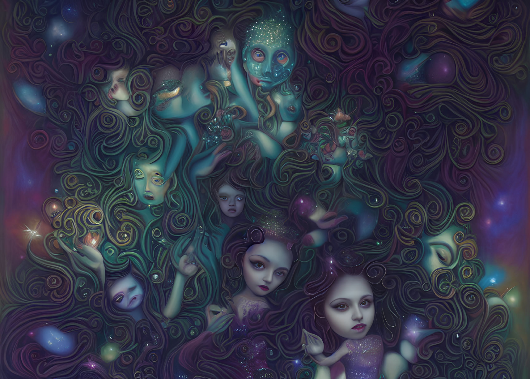 Mystical artwork with ethereal faces and cosmic elements on dark background