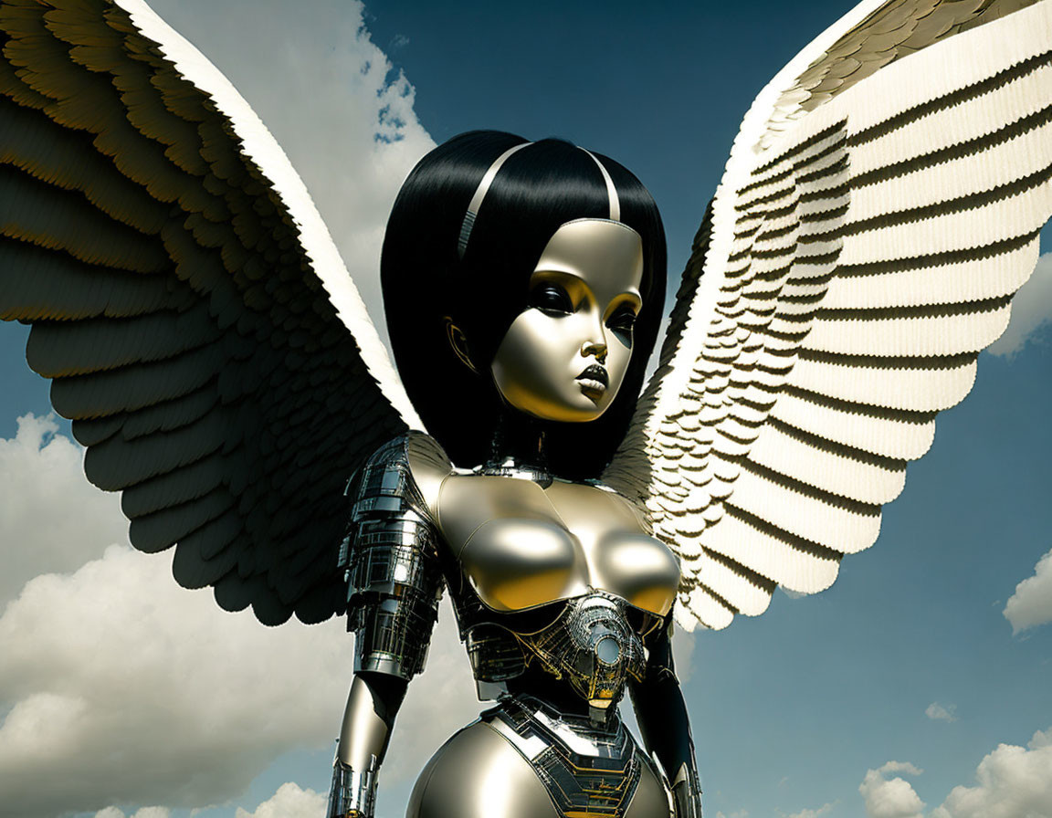 Futuristic robotic angel with large white wings and metallic body under cloudy sky