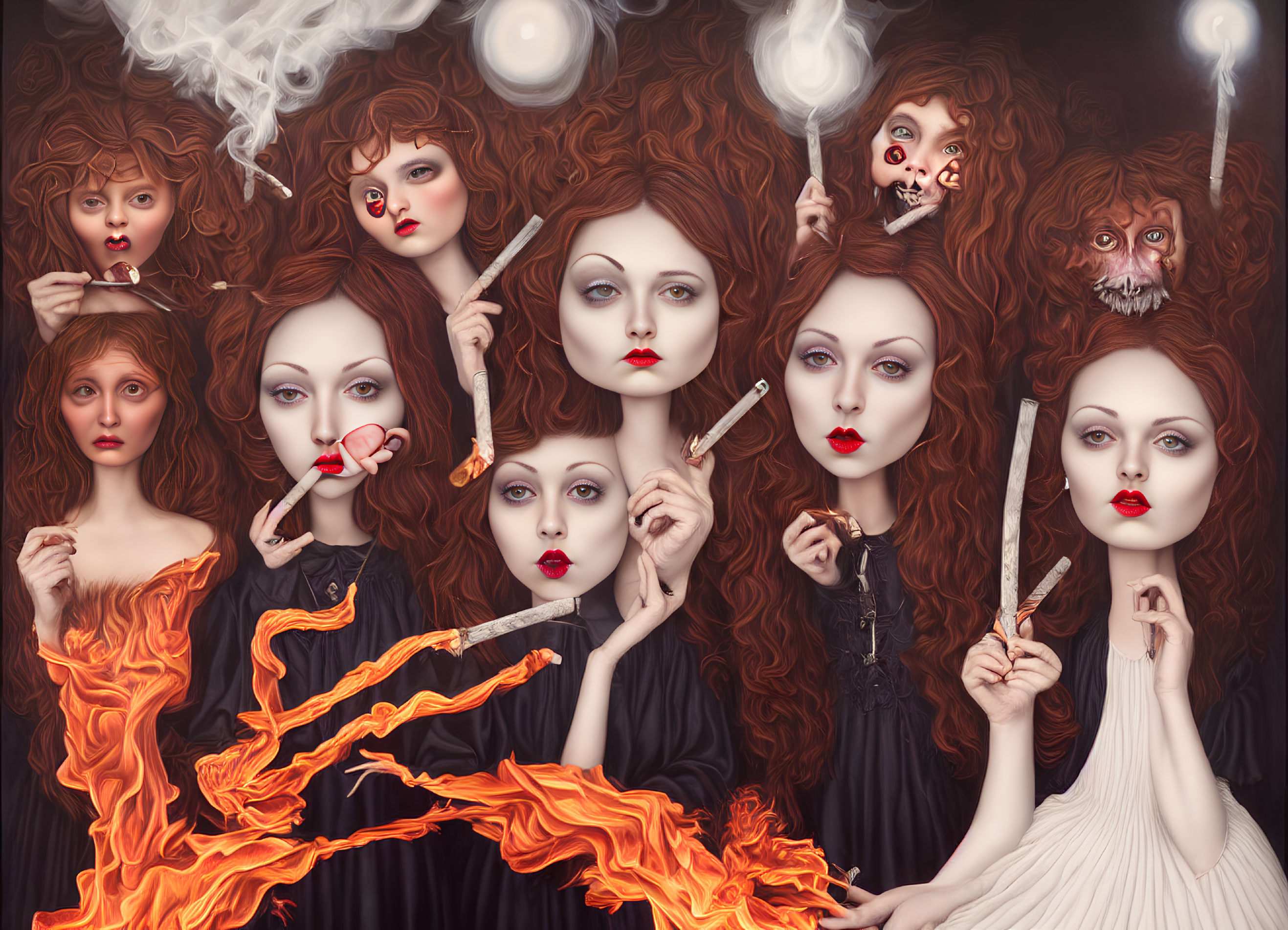Surreal artwork featuring multiple female faces, hands with cigarettes, flowing hair, and a figure engulf