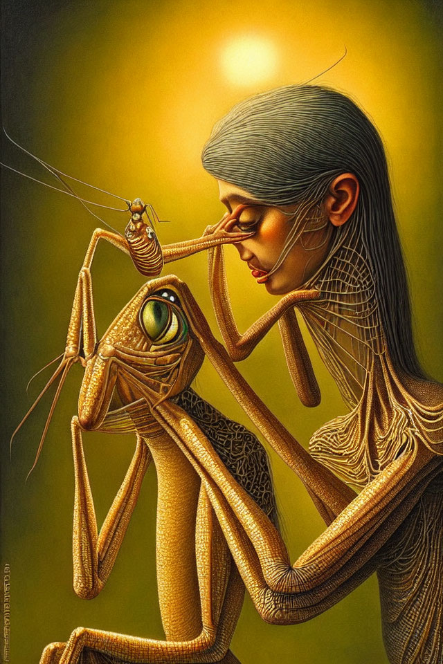 Surreal artwork: Woman with insectoid features and large praying mantis against glowing backdrop
