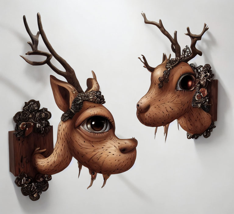 Stylized deer heads with large eyes and antlers on ornate metal-decorated wooden pla