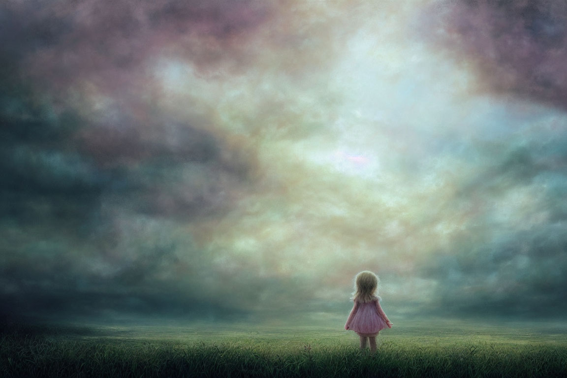 Young girl in pink dress in vast field under pastel sky
