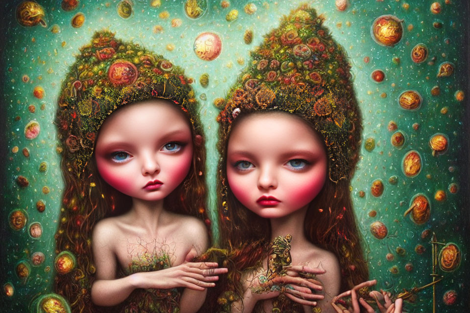 Stylized fairy-like characters with floral hats in a fantastical space setting