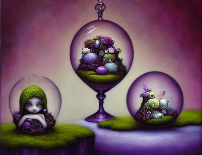 Surreal artwork featuring three orbs with whimsical scenes and a melancholic character on green terrain