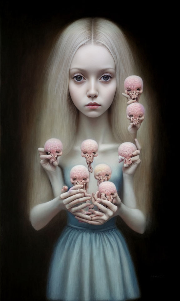 Blonde Girl in Blue Dress Holding Pink Skulls
