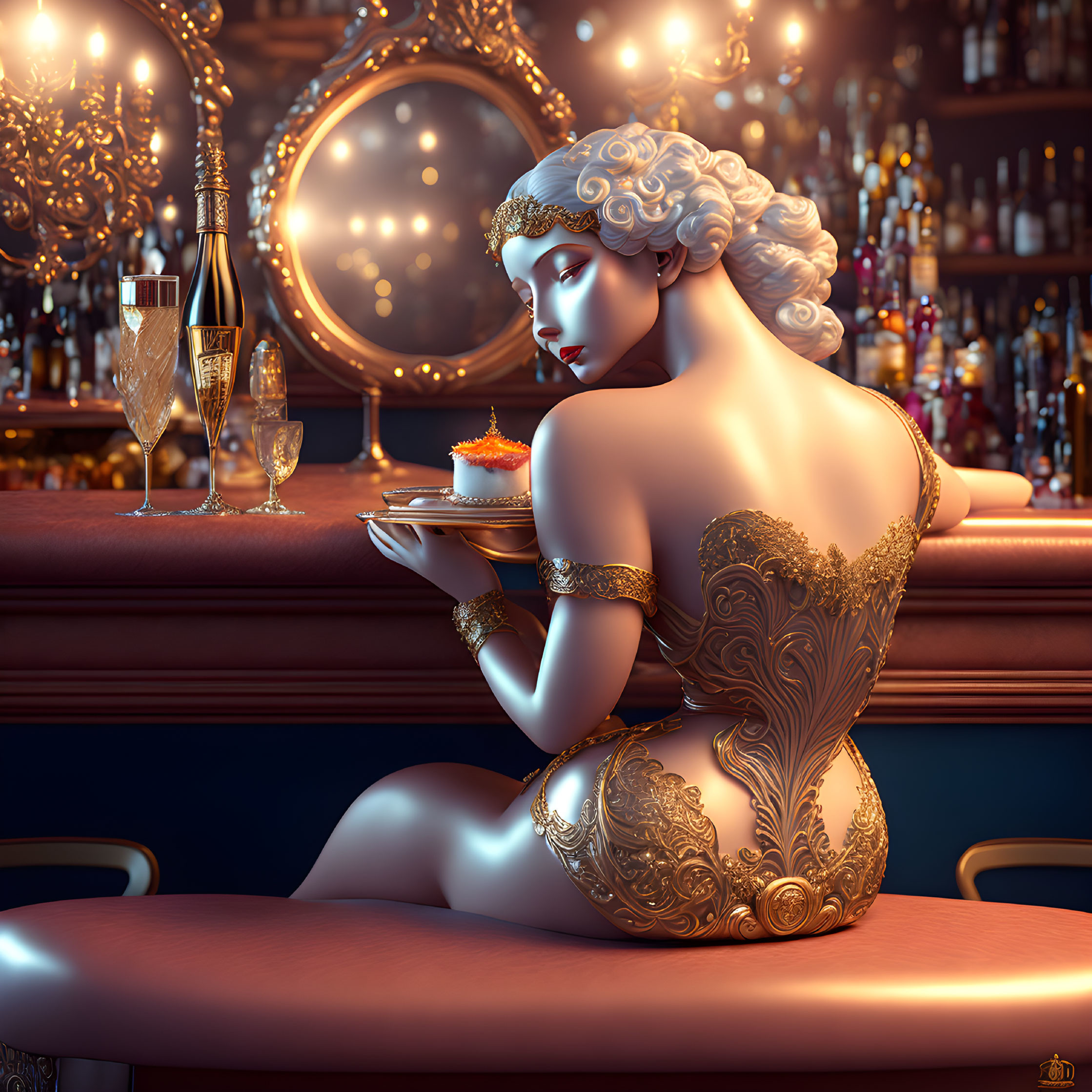 Stylized female figure in golden attire at bar with drink and dessert
