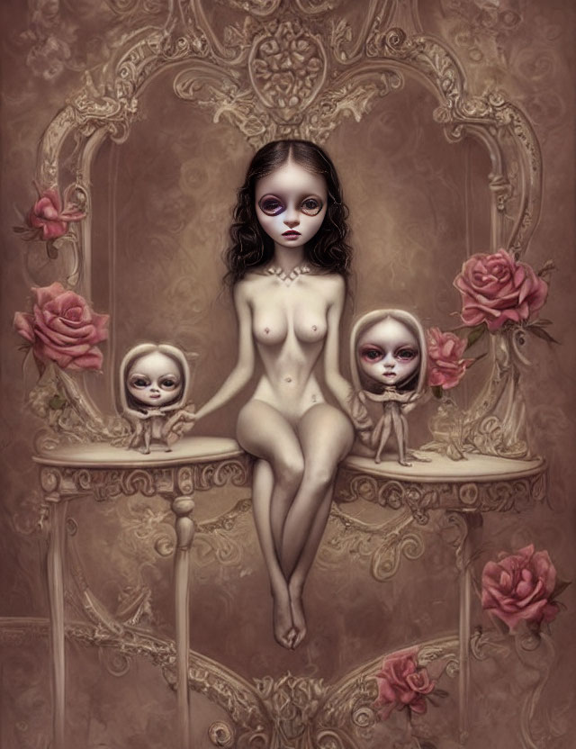 Three doll-like figures with oversized eyes in ornate floral frames, vintage sepia tone