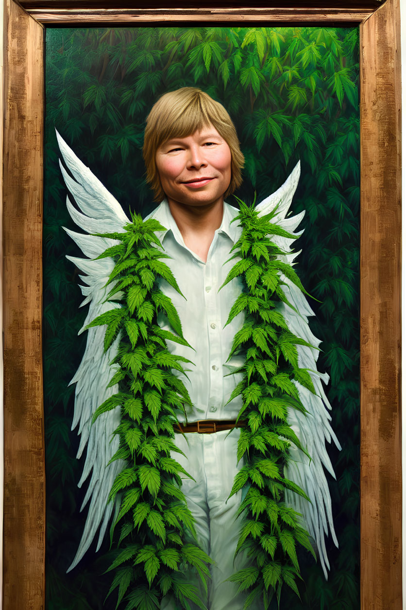 Person with cannabis leaf wings smiling in portrait against green backdrop