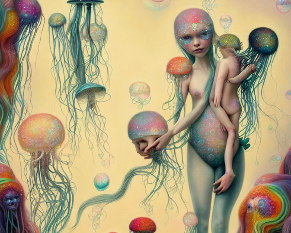 Surreal painting of humanoid figure with jellyfish creatures in dreamy multicolored backdrop