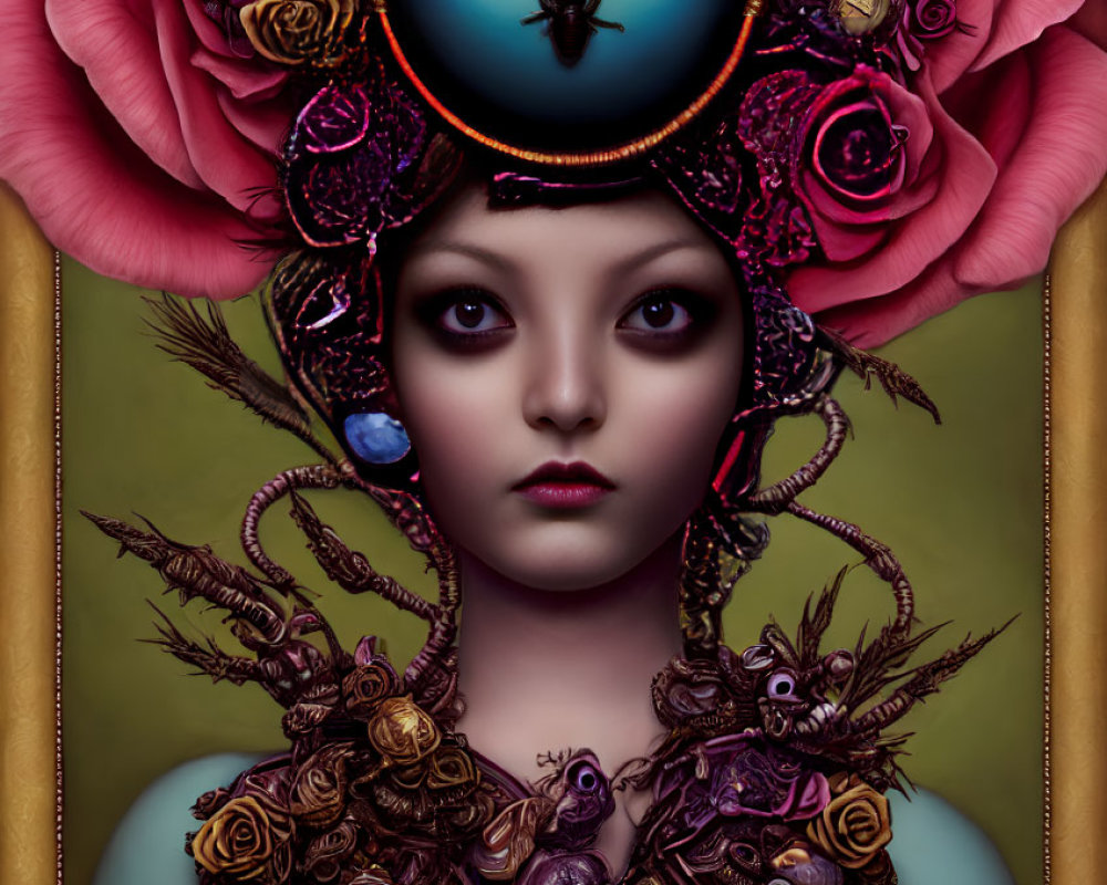 Surreal portrait of female figure with dark eyes, rose headpiece, metallic shoulder details